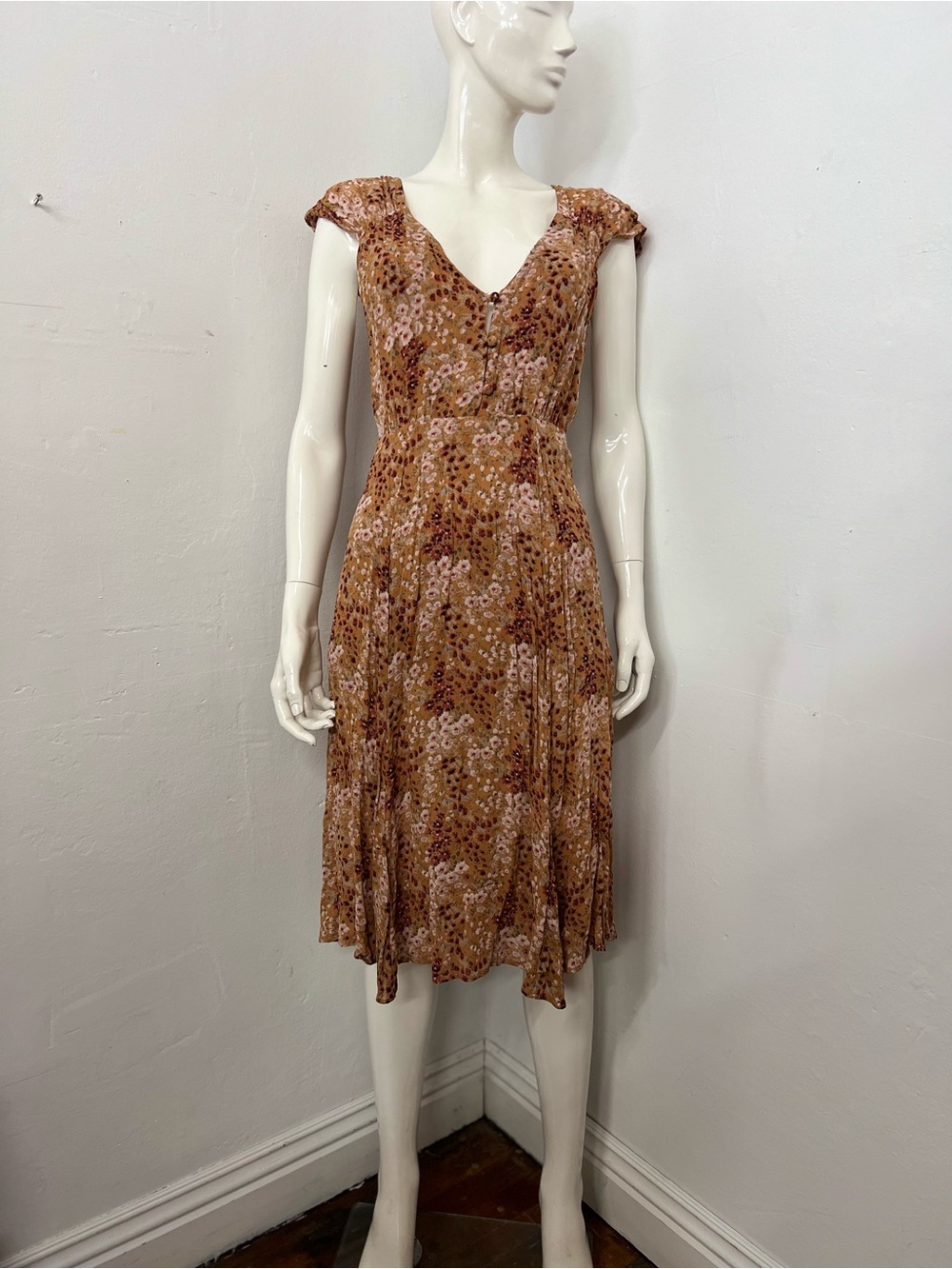Reformation Brown & Pink Floral V-Neck Midi Dress